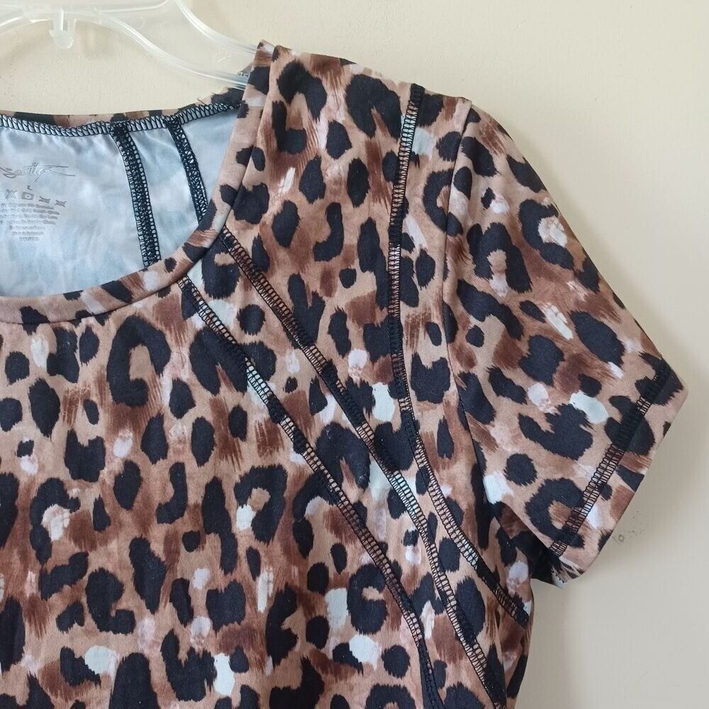 Gottex Lg Workout Tee Round Neck Short Sleeve Animal Leopard Print Fitted Gym - Picture 3 of 5